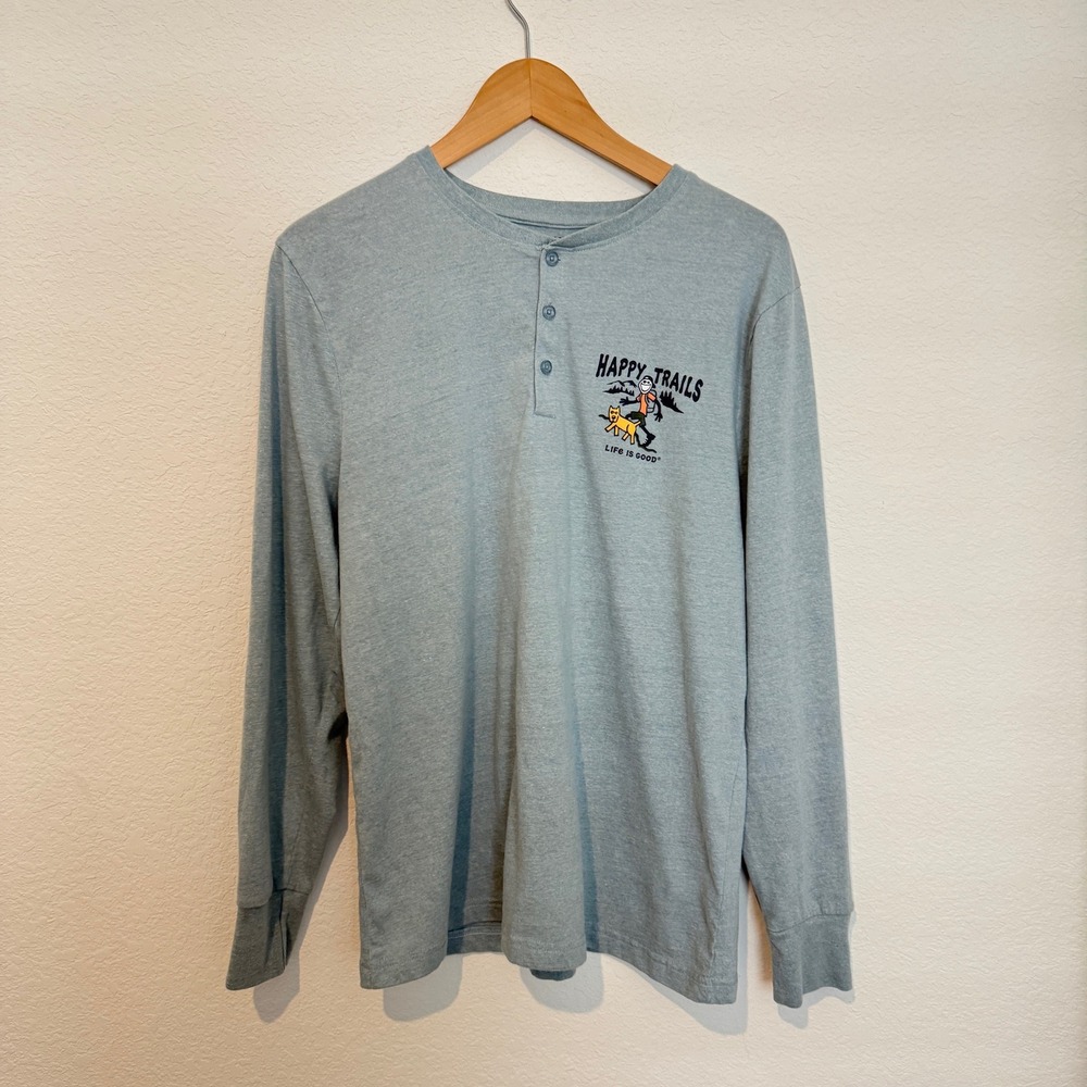 Life is Good Henley Sleepwear Mens L Blue Happy Trails Graphic Shirt